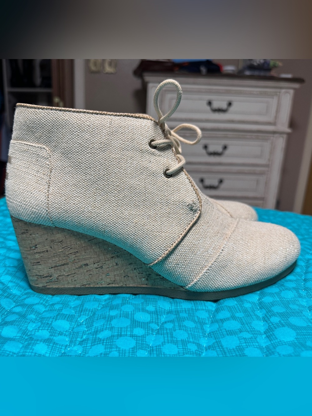 Toms Canvas Wedge Boots in Beige